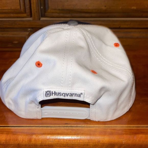 Husqvarna Logo Trucker Hat Blue White Orange Stripe Ball Cap Back Men - Picture 3 of 6